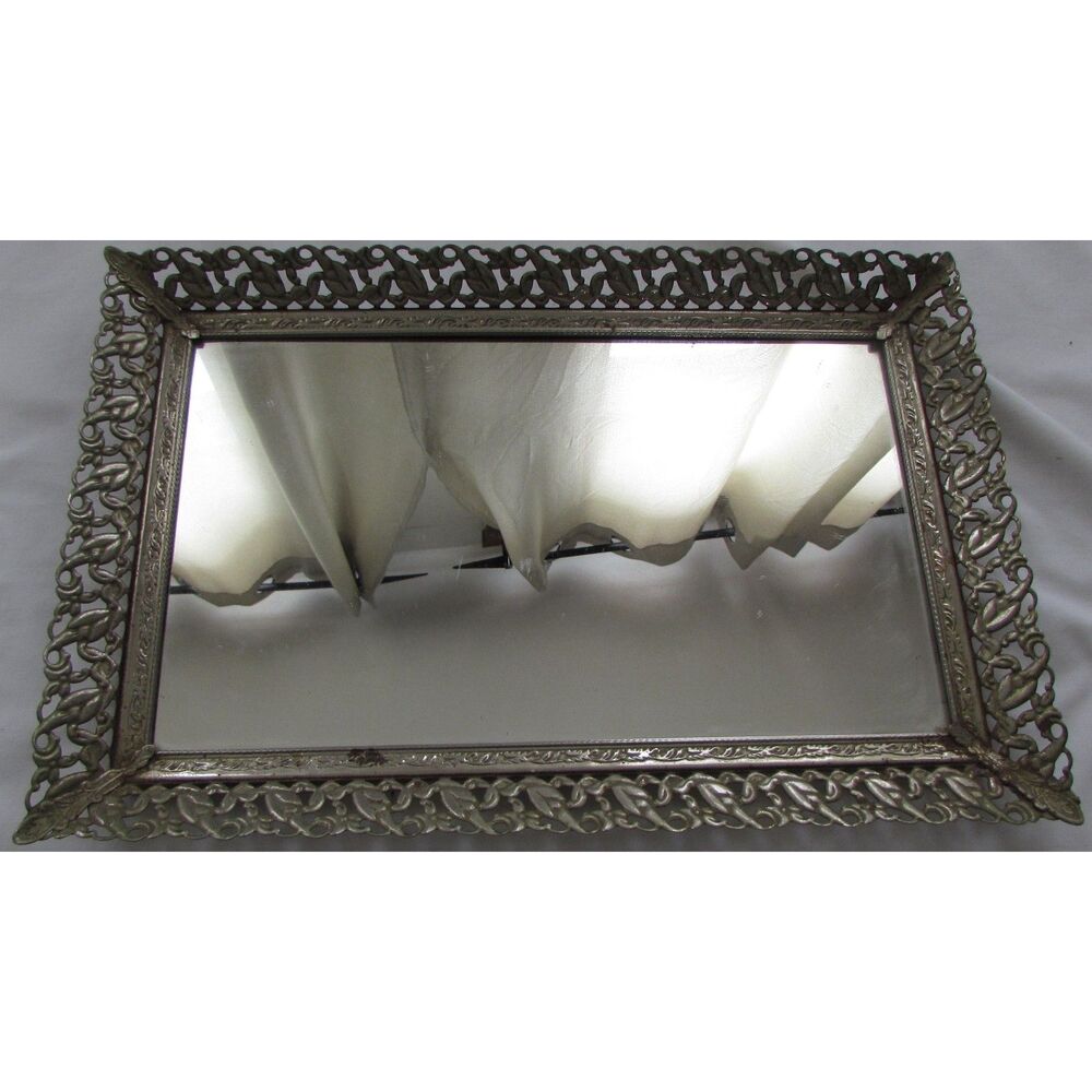 Vintage Hollywood regency style vanity tray ornate metal border mirror